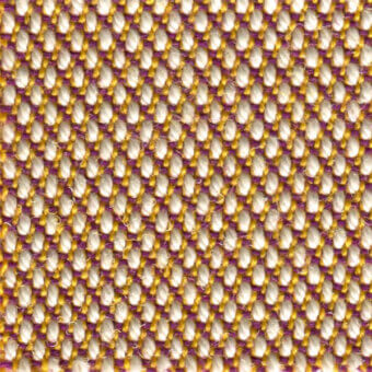Woven fabric texture, gold, off-white, and plum tones, regular grid pattern, matte finish, labeled “bross steelcut trio col. 413”.