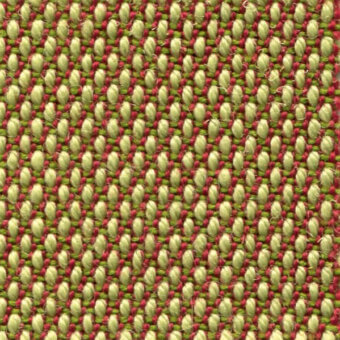 Woven fabric sample, steelcut trio col. 415, displays a dense, looped pattern in muted green and reddish-brown tones with beige highlights.
