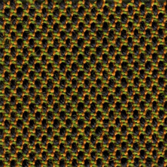 Woven fabric sample, steelcut trio col. 465, black, olive, and brown tones, dense looped texture, slightly raised nubby surface.