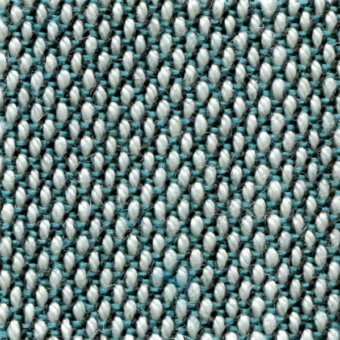Woven fabric texture, gray and turquoise yarns, plain weave grid pattern, subtle sheen, labeled “steelcut trio” col. 815 by bross.