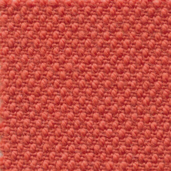 Steelcut fabric texture, coral-red color, with dense nubby weave and raised circular nodes creating a three-dimensional surface.