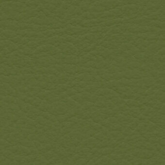 Olive-green fabric swatch with a matte, textured surface resembling distressed leather; features an irregular pattern and visible label text.