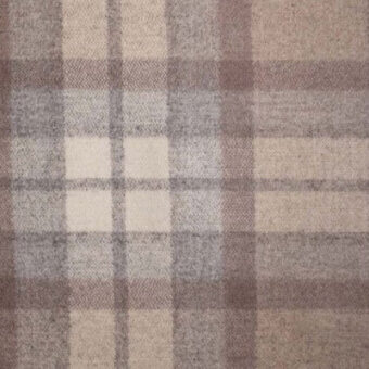 Tartan fabric swatch in cream, gray, and brown tones displays a symmetrical plaid pattern with a dense wool weave and textured surface.