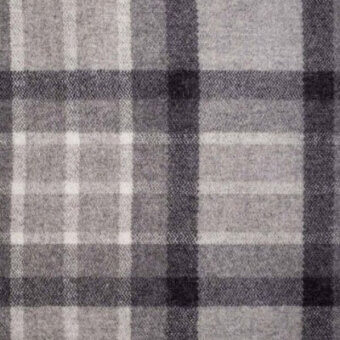 Gray tartan plaid fabric swatch with intersecting lines, textured wool blend, and subtle brand text "casa casati" along the edge.
