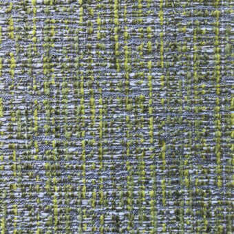 Fabric texture, gray-blue and lime green, dense looped weave with speckled pattern and visible gaps, contemporary upholstery material.