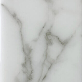 Arabescato white marble texture with grey and charcoal veining, polished glossy finish, swirling organic patterns, cool smooth surface.