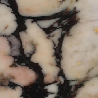 Breccia Medicea marble surface with creamy white, pale pink, and dark brown veining, featuring gold flecks and a polished finish.