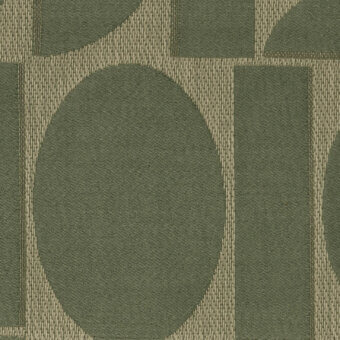 Geometric fjord textile pattern in muted olive-green with beige-grey outlines, featuring rectangles and a circle in a woven, grid layout.