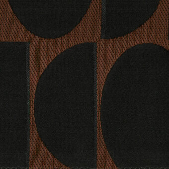 Fjord textile pattern, dark gray and rust-brown woven fabric, repeating semi-circles with vertical bands and linear grain.