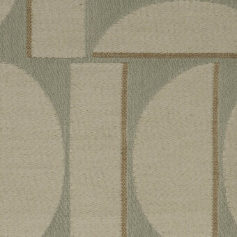 Geometric fabric sample in gray-green and tan features rectangular and semi-circular blocks, with vertical stripes and a woven texture.