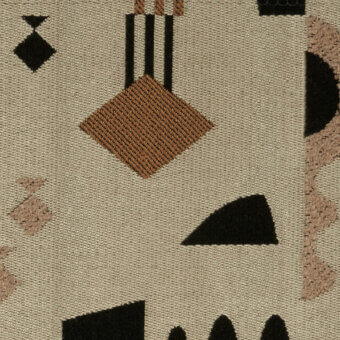 Regate textile sample, beige woven fabric, geometric pattern with black triangles, brown diamonds, and muted brown vertical lines.