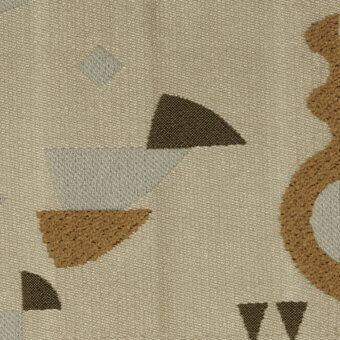 Regate fabric sample, beige and brown geometric pattern, woven texture with triangles, diamonds, and curved shapes, matte finish.