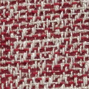 Woven tweed fabric texture, muted red and off-white, dense irregular pattern with raised nubby threads, matte finish, Constantini Pietro J65.