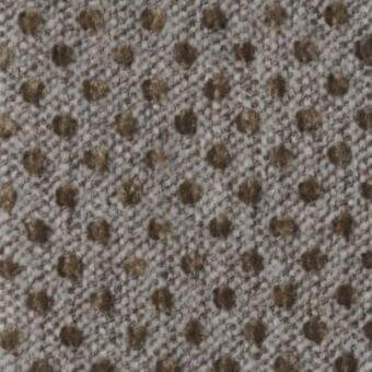 Woven fabric swatch, light gray and olive-brown, features circular textured motifs with diagonal ribbing and a matte finish.