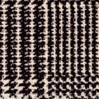 Textile sample, dark beige and black, vertical columns of textured markings resembling abstract script with a rough woven fabric quality.