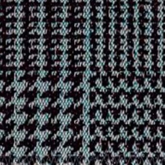 Woven fabric sample, houndstooth pattern, black, white, turquoise; dense twill weave with vertical striped color blocks and textured surface.