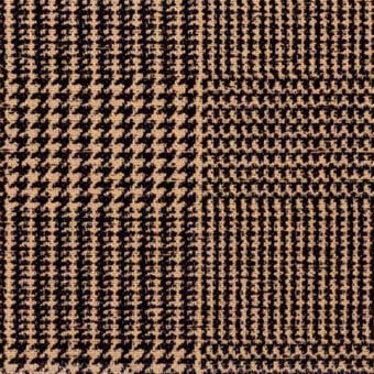 Textile sample, tan and dark brown, geometric grid with tweed-like dots, striped, squared, and linear textured patterns.