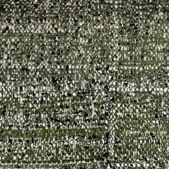 Olive-green woven fabric sample displays a dense, textured surface with off-white threads and an irregular, nubby pattern; label reads "egoitaliano."