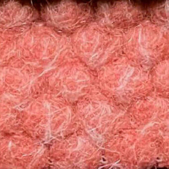 Egoitaliano fabric sample, pink fibrous texture, voluminous matte finish with off-white strands, labeled “puffo 301” against a dark background.
