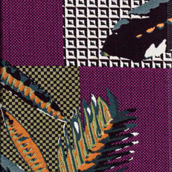 Kapua fabric swatch, patchwork design, purple, green, black, featuring panther, reptile, and triangular patterns, woven texture, egoitaliano.