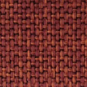 Terracotta and rust woven fabric sample features a dense rectilinear pattern, complex interlacing, and textured surface with integrated text.