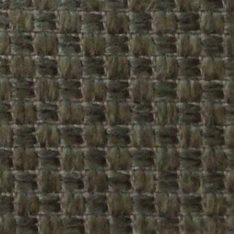 Woven fabric sample, olive green and beige, grid pattern with textured fibrous threads and matte finish.