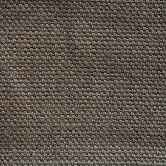 Stone-washed linen fabric sample, muted gray-brown tone, dense weave with nubby texture and irregular yarn pattern, studio lighting.