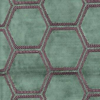 Repeating hexagonal textile, pale jade green and burgundy, woven cord trim, mottled linen-like background, durable upholstery fabric.