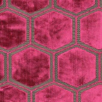 Fuchsia velvet hexagon textile with metallic gray herringbone borders, repeating grid pattern, dense woven fabric sample for upholstery.