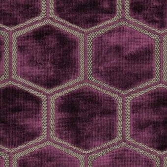Damson purple hexagonal textile pattern with mottled texture, framed by woven beige and grey striped borders, studio lighting.