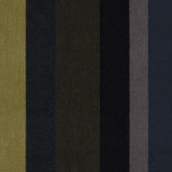 Textile sample with six vertical stripes in golden yellow, charcoal gray, olive green, black, gray, and cobalt blue, woven texture.