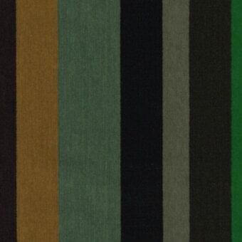 Fabric swatches in vertical stripes, wool blend with felt texture, dark brown, olive, black, gray, emerald green, and golden-brown tones.