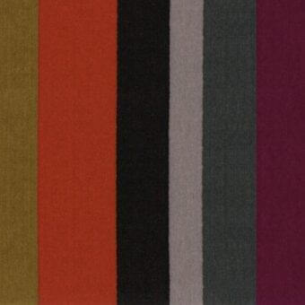 Fabric swatches in olive, orange, black, gray, teal, and magenta with textured weave, from erba’s Varese Lambusa collection, aligned vertically.