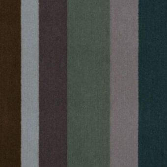Fabric swatch with six vertical stripes: brown velvet, white woven, aubergine velvet, celadon textured, mauve brushed, and dark teal napped.