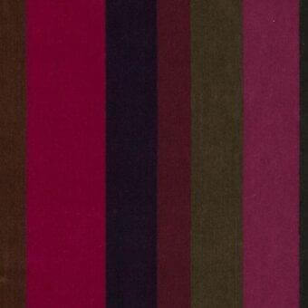 Vertical stripe textile sample in berry, navy, olive, and burgundy tones with a velvety sheen, possibly a lambskin wool blend named “Varese Lambusa”.