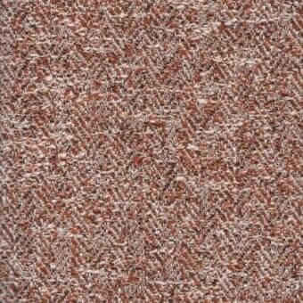 Woven fabric sample, reddish-brown and beige heathered texture, dense irregular weave with visible threads and a subtly printed label.