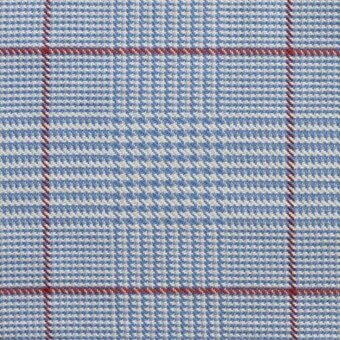 Light blue and gray micro-check textile with red grid overlay, woven texture, mottled effect, classic tailored fabric sample.