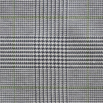 Gray and white geometric fabric texture features a Prince of Wales check with diagonal stripes, green squares, and a woven, slightly irregular surface.