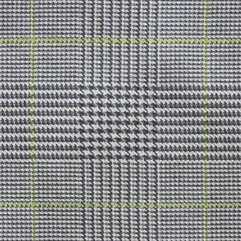 Gray and white houndstooth fabric with lime green grid lines, displaying a dense woven texture and geometric pattern suitable for interiors.