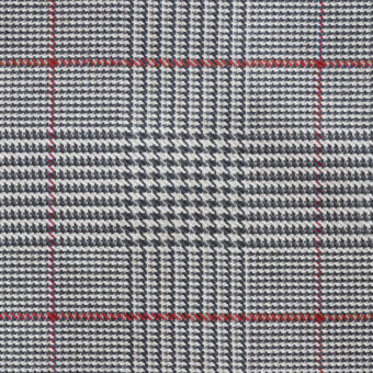 Prince of Wales check fabric, gray and navy with red outline, woven texture displaying intersecting squares and rectangles, studio lighting.