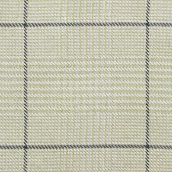 Formitalia textile sample, lime green and gray-blue, features a woven grid pattern with repeating square structures and subtle yarn variations.
