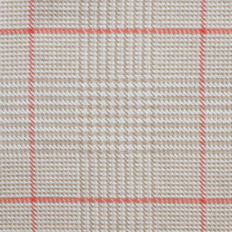 Coral-red grid fabric sample with beige herringbone texture, displaying a structured geometric pattern and durable woven construction.