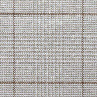 Woven fabric texture with taupe and greggio grid pattern, featuring intersecting castagna lines and a regular, matte weave.