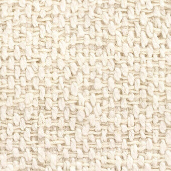 Creamy off-white woven fabric texture with irregular, thick vertical strands and a tight horizontal grid, displaying a matte finish and printed text.