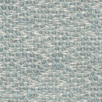 Woven fabric texture, pale blue-gray and off-white, heathered plain weave with nubby fibers and printed label “frag > fabric > cat. a > 41 teti”.