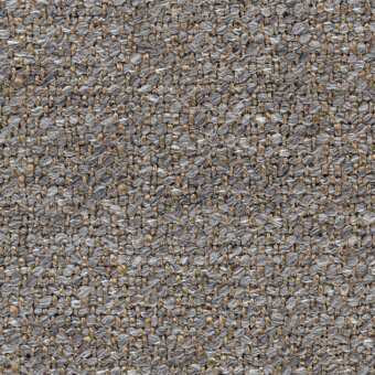 Woven fabric sample, shark gray and tan-brown, heathered texture with visible knots and printed label detailing color and product category.