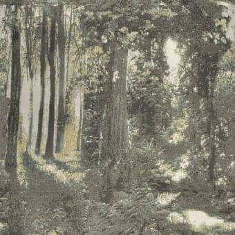 Pixelated forest composition in muted green and beige tones, featuring vertical tree trunks, dense foliage, and dappled sunlight, with “giorgetti” and fabric code.