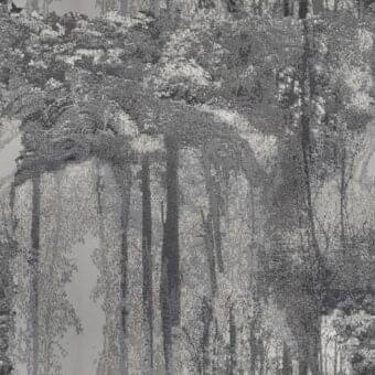 Pixelated forest composition, gray tones, vertical tree trunks with layered canopy, subtle text overlay “giorgetti > fabric > tonga 5194 grigio”.