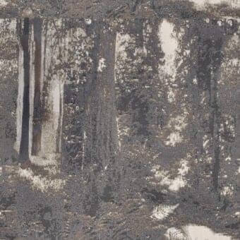 Abstract forest texture in muted browns and grays, with pixelated vertical forms and layered ground plane, featuring “giorgetti” and fabric details.