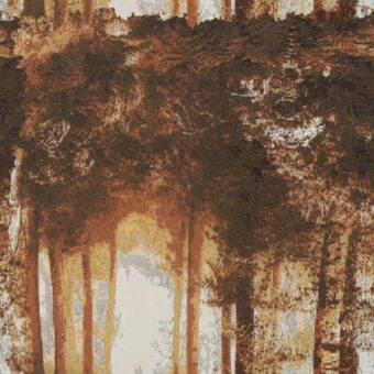Abstract fabric texture in brown and beige tones with vertical lines evoking a forest canopy, displaying a mottled, layered composition.